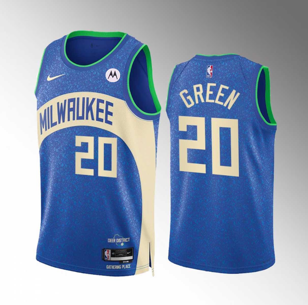 Men%27s Milwaukee Bucks #20 AJ Green Blue 2023-24 City Edition Stitched Basketball Jersey Dzhi